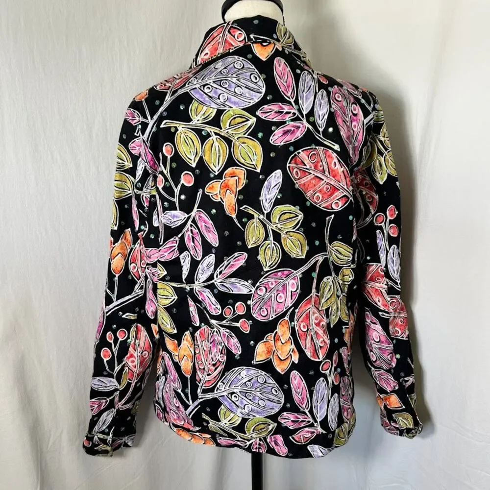 Vintage Sequin 90s Jacket Floral Black Denim Stretch Cotton REDD Jeans Size 12